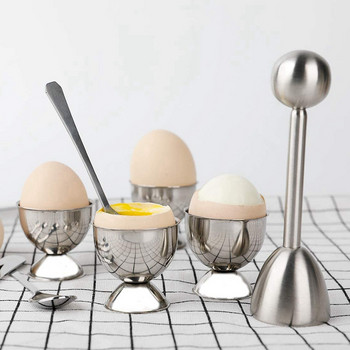 Комплект горни части за крекери за яйца от неръждаема стомана, държач за разделяне на твърдо сварени яйца, 8 лъжици, 8 чаши, 2 горни ножа за отстраняване на черупки