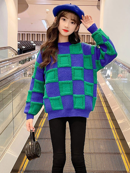 Pulover pentru copii cu decolteu în carouri pentru fete