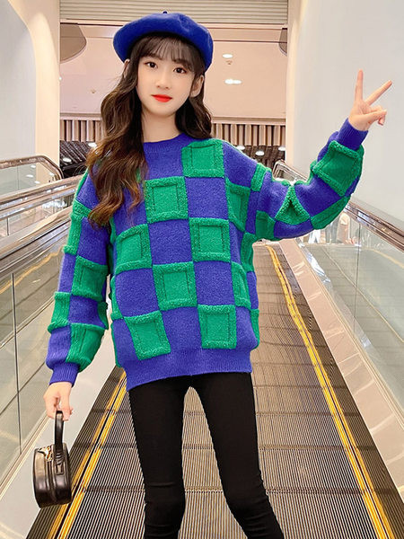 Pulover pentru copii cu decolteu în carouri pentru fete