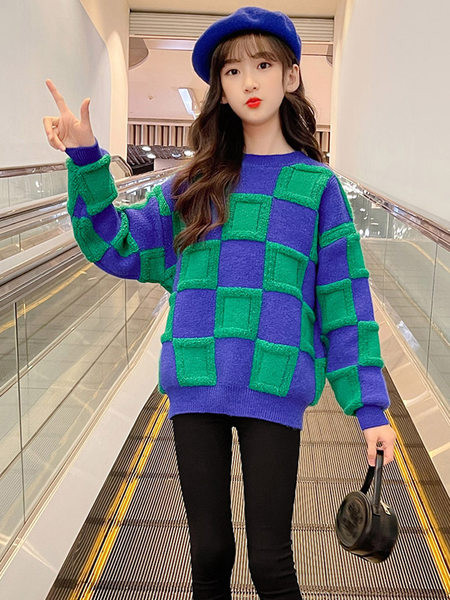 Pulover pentru copii cu decolteu în carouri pentru fete