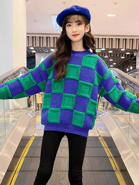 Pulover pentru copii cu decolteu în carouri pentru fete