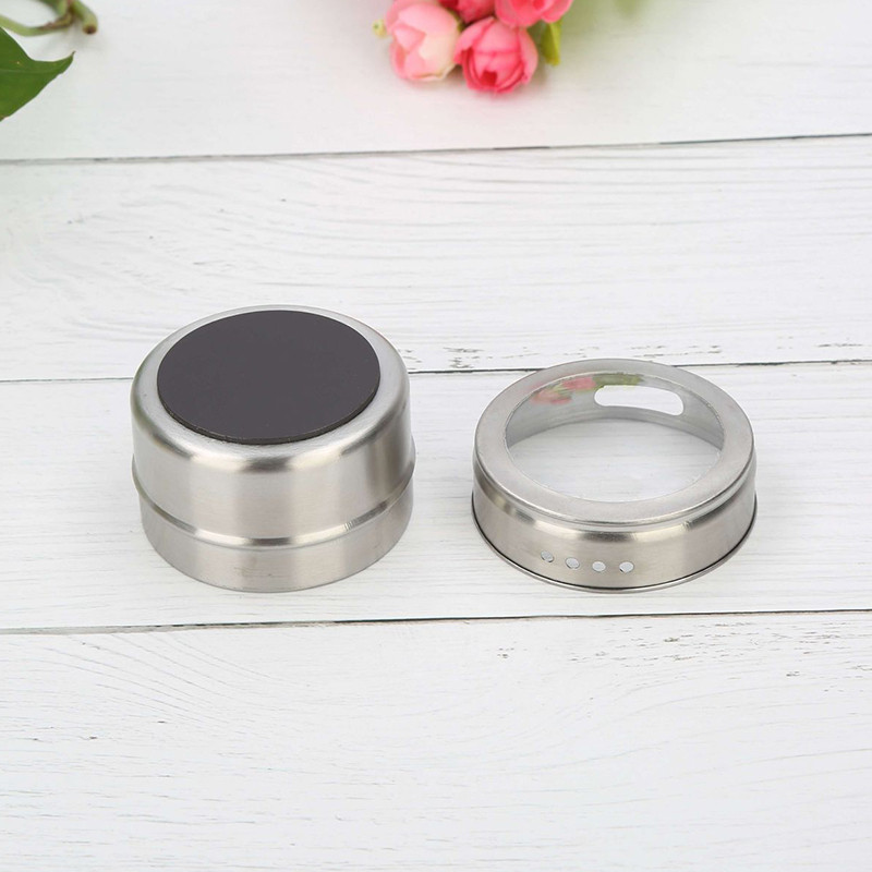 Magnetinės prieskonių skardinės nerūdijančio plieno pagardų butelių magnetinės talpyklos lentynos su bazine pipirų plaktuvais Druskos skardinių rinkinys, prieskonių purškikliai