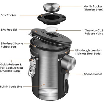 Προβολή! Δοχείο καφέ, Ανοξείδωτο αεροστεγές δοχείο αποθήκευσης κόκκων καφέ με σέσουλα, μεγάλη χωρητικότητα, ιχνηλάτης ημερομηνίας