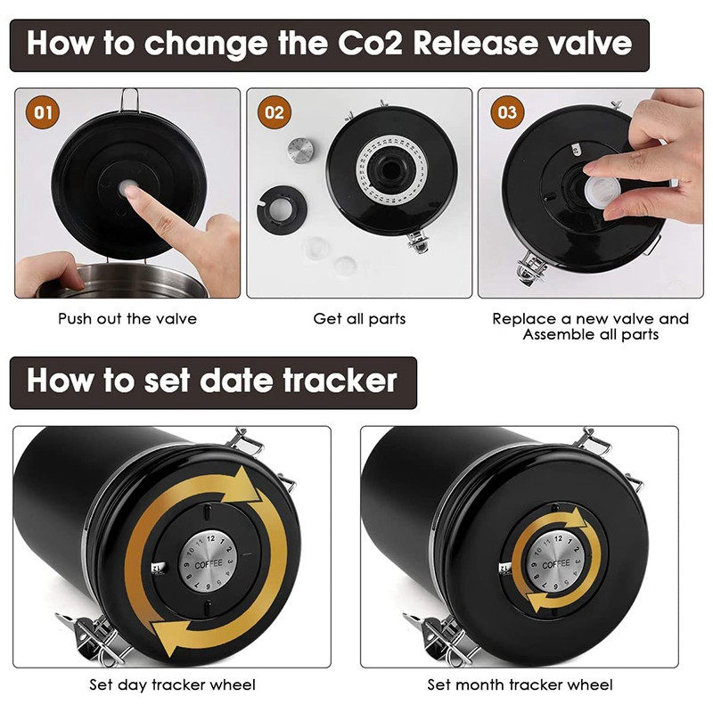 Promóció! Kávésdoboz, Rozsdamentes acél, légmentesen záródó kávébab tároló edény kanállal, nagy kapacitású, dátumkövető