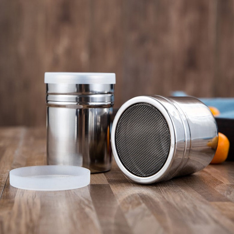 Nerūdijančio plieno miltelių dozatoriaus vamzdelis su tinklelio tankios skylės miltelių bakeliu, kavos druskos ir pipirų plaktuvų prieskonių dozatoriumi