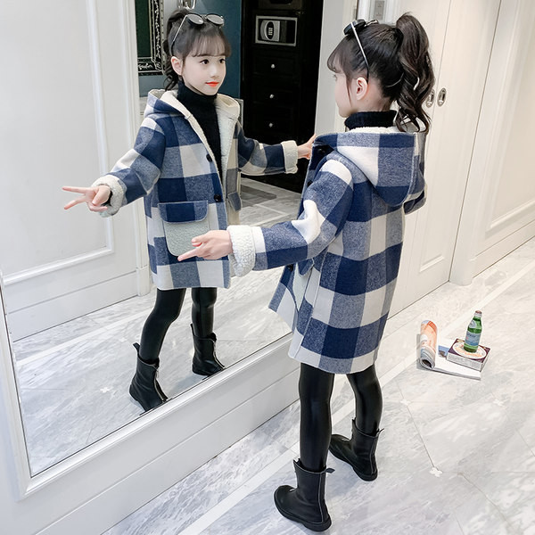 Gyermek kockás kabát béléssel, kapucnival és gombokkal lányoknak