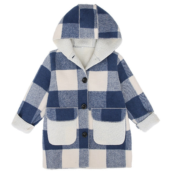 Gyermek kockás kabát béléssel, kapucnival és gombokkal lányoknak