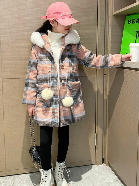 Vaikiška languota striukė su pamušalu, sagomis ir gobtuvu mergaitėms