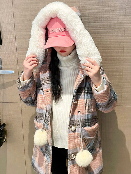 Vaikiška languota striukė su pamušalu, sagomis ir gobtuvu mergaitėms