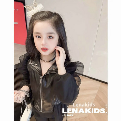 Geaca din imitatie de piele pentru copii cu maneci bufante din tul si fermoar pentru fete