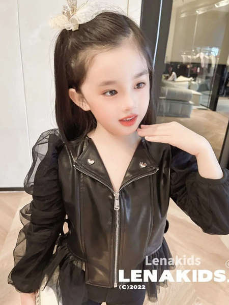 Geaca din imitatie de piele pentru copii cu maneci bufante din tul si fermoar pentru fete