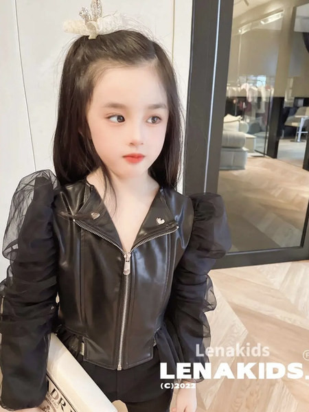 Geaca din imitatie de piele pentru copii cu maneci bufante din tul si fermoar pentru fete