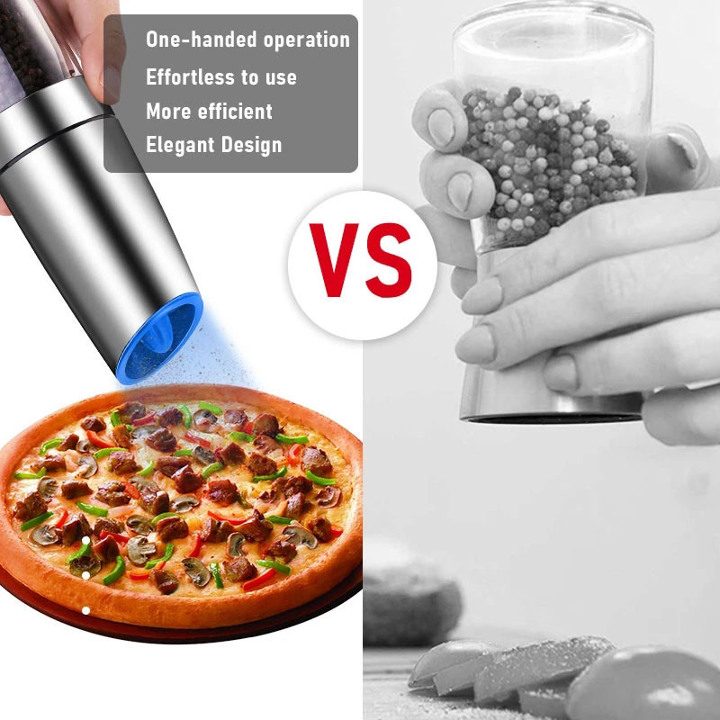 BOZZH elektrinis pipirų malūnas gravitacinis indukcinis nerūdijančio plieno druskos prieskonių malūnėlis LED šviesos virtuvės įrankis