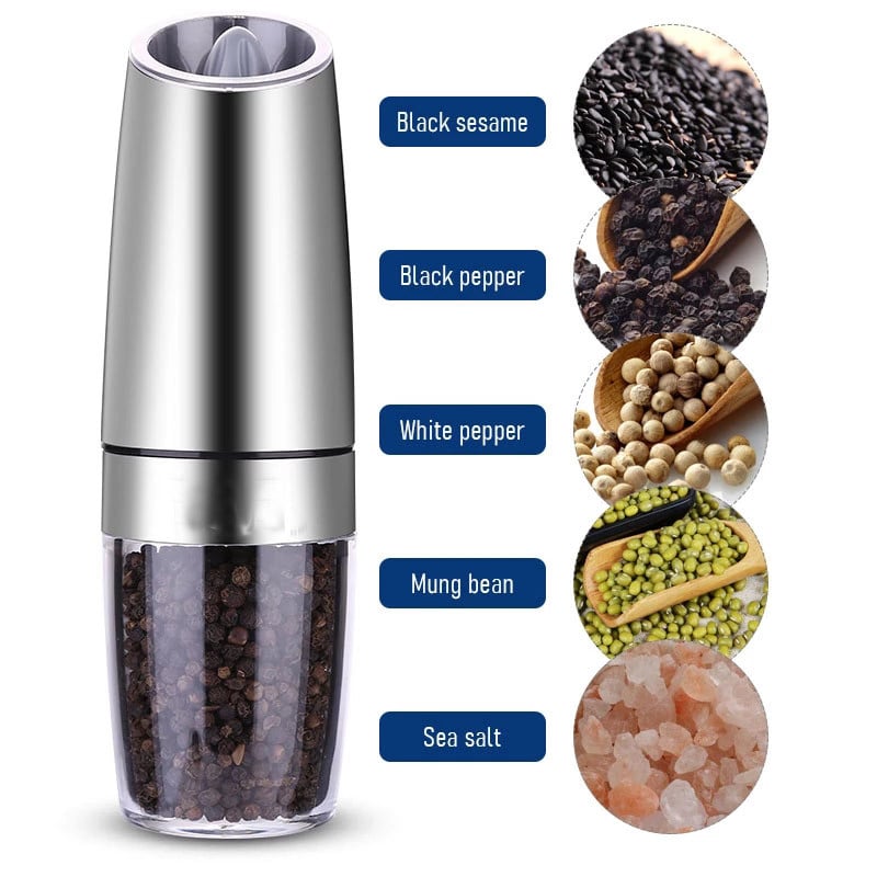 BOZZH elektrinis pipirų malūnas gravitacinis indukcinis nerūdijančio plieno druskos prieskonių malūnėlis LED šviesos virtuvės įrankis