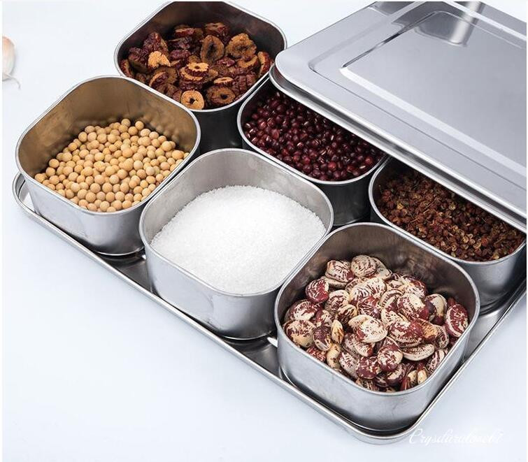 Japán rozsdamentes acél fűszeres doboz készlet Kreatív fűszeres tégely 6 rács 8 opcionális fedéllel Konyhai egészség fűszerdoboz