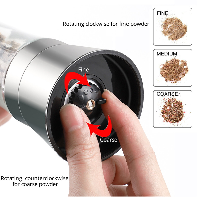 Konco 2vnt druskos pipirų malūnėlių plaktuvai, nerūdijančio plieno pipirų prieskonių malūnėlių rinkinys su reguliuojama keramika su stikliniu korpusu