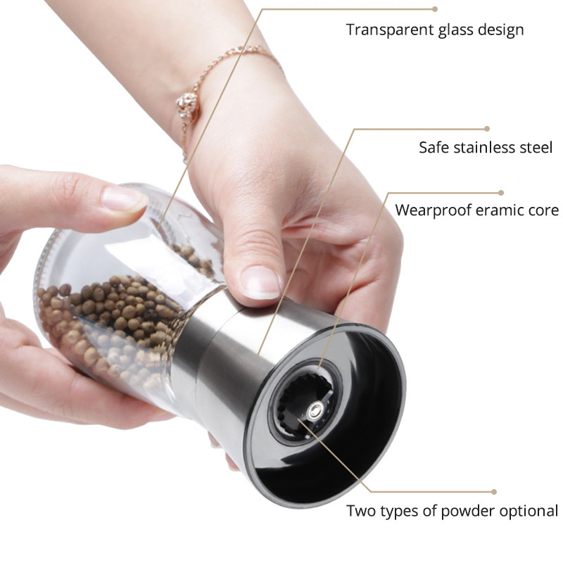 Konco 2vnt druskos pipirų malūnėlių plaktuvai, nerūdijančio plieno pipirų prieskonių malūnėlių rinkinys su reguliuojama keramika su stikliniu korpusu