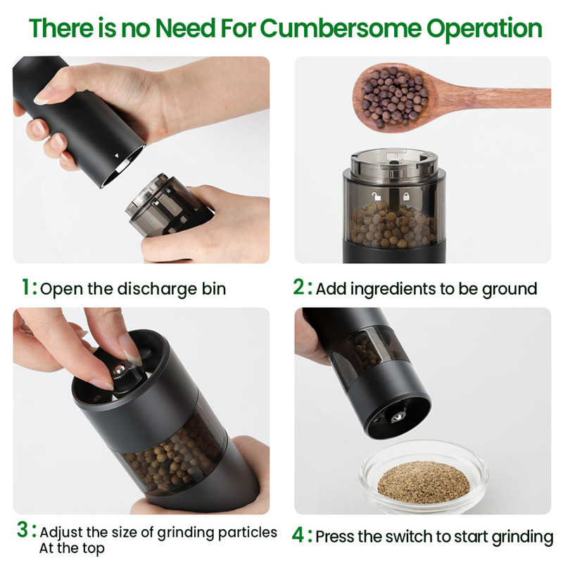 Elektrinis USB įkrovimas automatinis pipirų ir druskos malūnėlis Prieskonių druskos pipirų malūnėlis su LED šviesa reguliuojamu rupumo malūnu