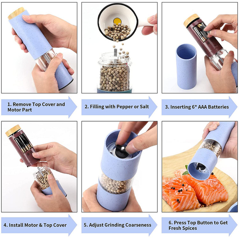 Elektrinė druskos ir pipirų malūnėlis, automatinis prieskonių malūnėlis su baterijomis varomas kviečių pluošto medžiagų plaktuvas Virtuvės įrankiai Virtuvės prietaisai