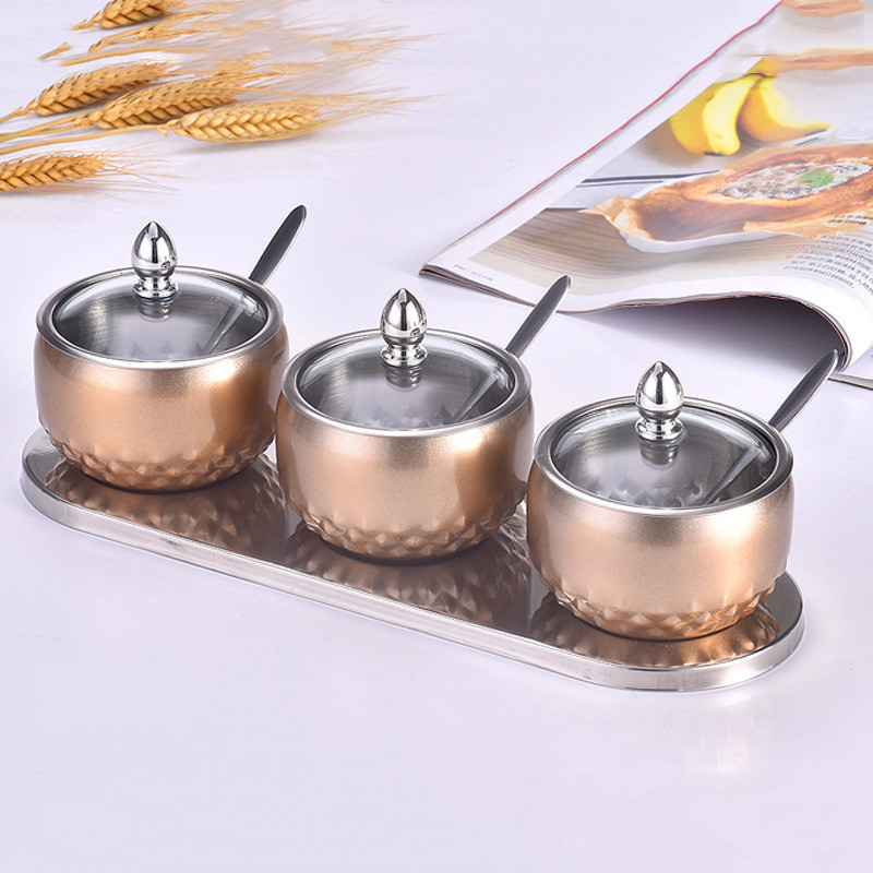 Ízesítő doboz 3 részes rozsdamentes acél szett Konyhai borsos edény sótartó cukortartály fűszer tégely konyhai kütyü készletek