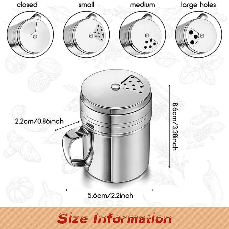 3-osaline maitseainepudel käepidemega roostevabast terasest vürtsisegisti metallist mitmekülgne pöörleva kaanega dredge shaker