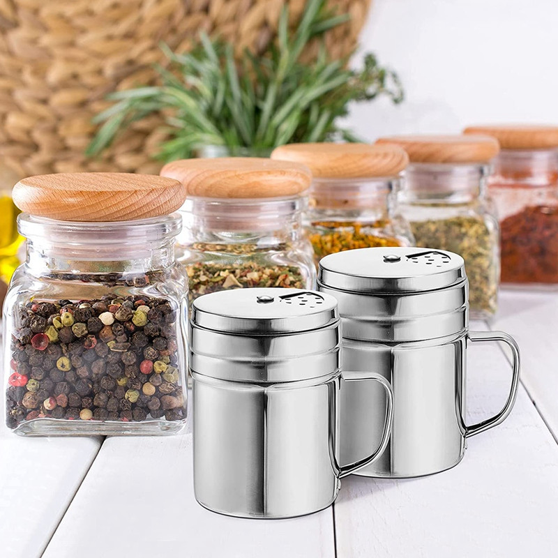 3-osaline maitseainepudel käepidemega roostevabast terasest vürtsisegisti metallist mitmekülgne pöörleva kaanega dredge shaker