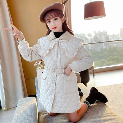 Geaca de iarna pentru copii cu guler mare, nasturi si curea pentru fete