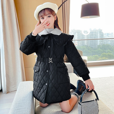 Geaca de iarna pentru copii cu guler mare, nasturi si curea pentru fete