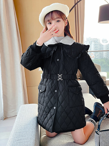 Geaca de iarna pentru copii cu guler mare, nasturi si curea pentru fete