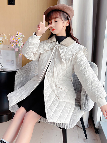 Geaca de iarna pentru copii cu guler mare, nasturi si curea pentru fete