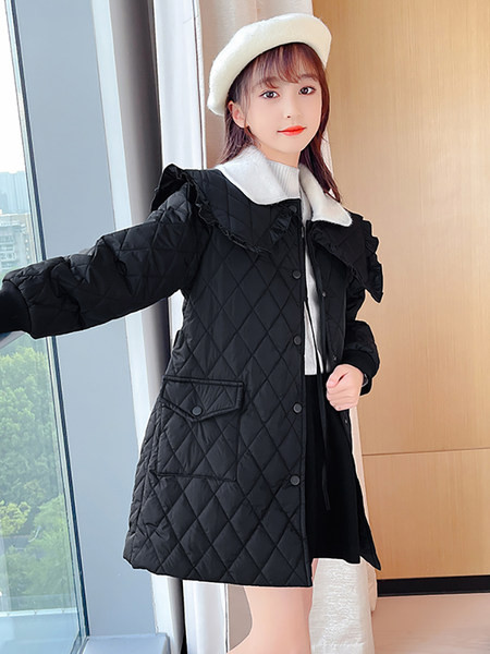 Geaca de iarna pentru copii cu guler mare, nasturi si curea pentru fete