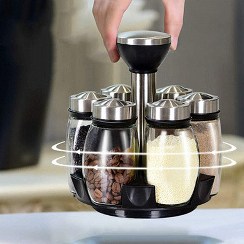 6db Forgatható tégely fűszerekhez Üveg Konyhai Üveg Fűszertartó Só Bors shaker Fűszeres üvegkészlet Konyhai fűszertartó