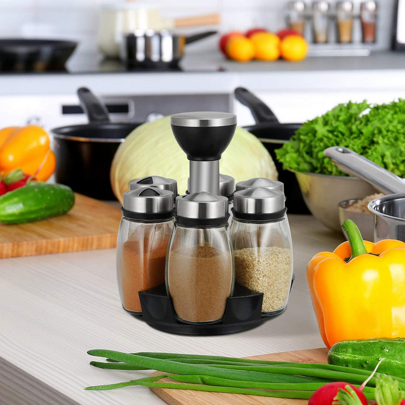 6db Forgatható tégely fűszerekhez Üveg Konyhai Üveg Fűszertartó Só Bors shaker Fűszeres üvegkészlet Konyhai fűszertartó