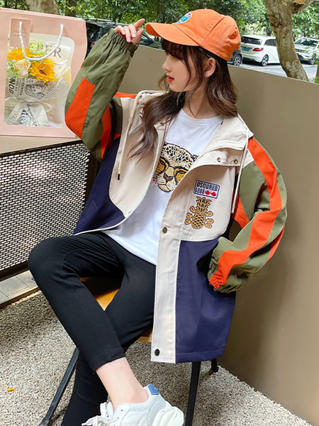 Jachetă de vânt de primăvară-toamnă pentru fete cu șireturi și inscripții