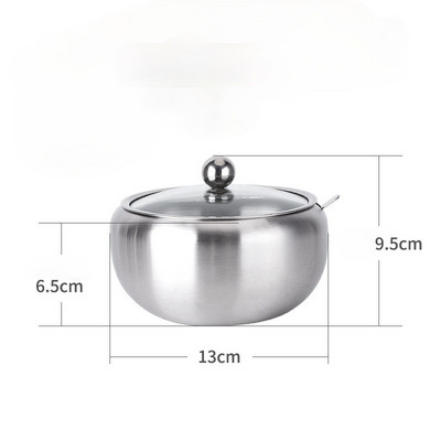 Cutie de condimente de bucătărie, zahăr mare din oțel inoxidabil, cu capac din sticlă transparentă și lingură JU32321