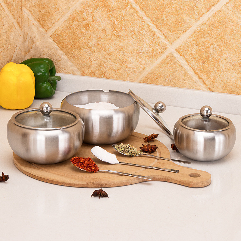 Cutie de condimente de bucătărie, zahăr mare din oțel inoxidabil, cu capac din sticlă transparentă și lingură JU32321