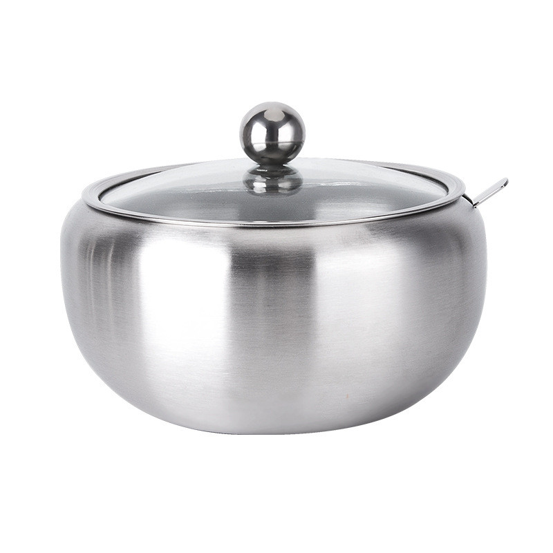 Cutie de condimente de bucătărie, zahăr mare din oțel inoxidabil, cu capac din sticlă transparentă și lingură JU32321