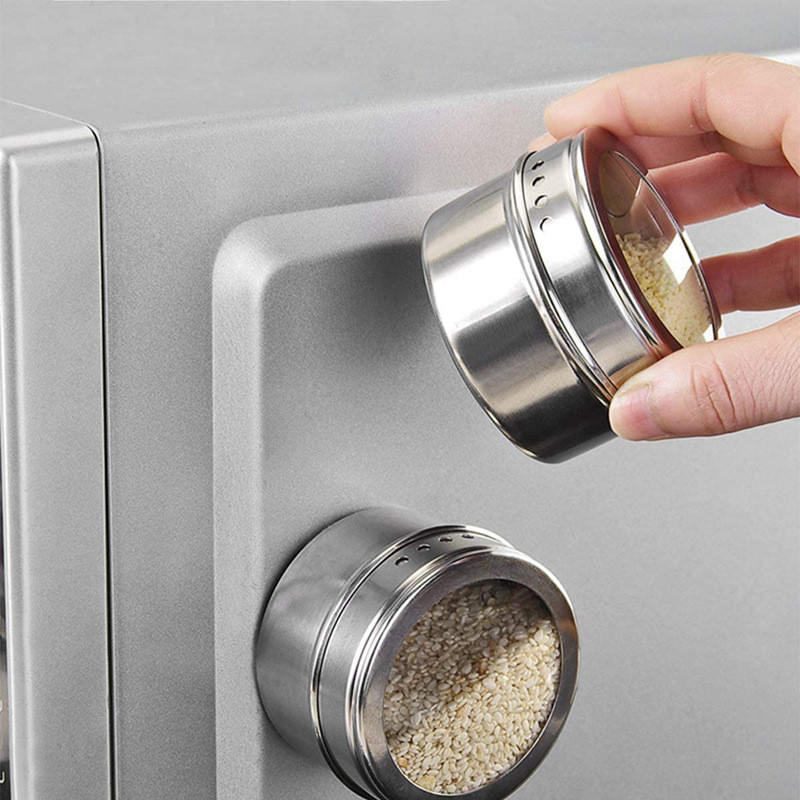 Magnetiniai prieskonių stiklainiai sandariai uždaryta kepsninės laikymo dėžutė, miltelių dėžutė nerūdijančio plieno sienoje montuojamas prieskonių bakelių rinkinys su prieskonių bakeliu
