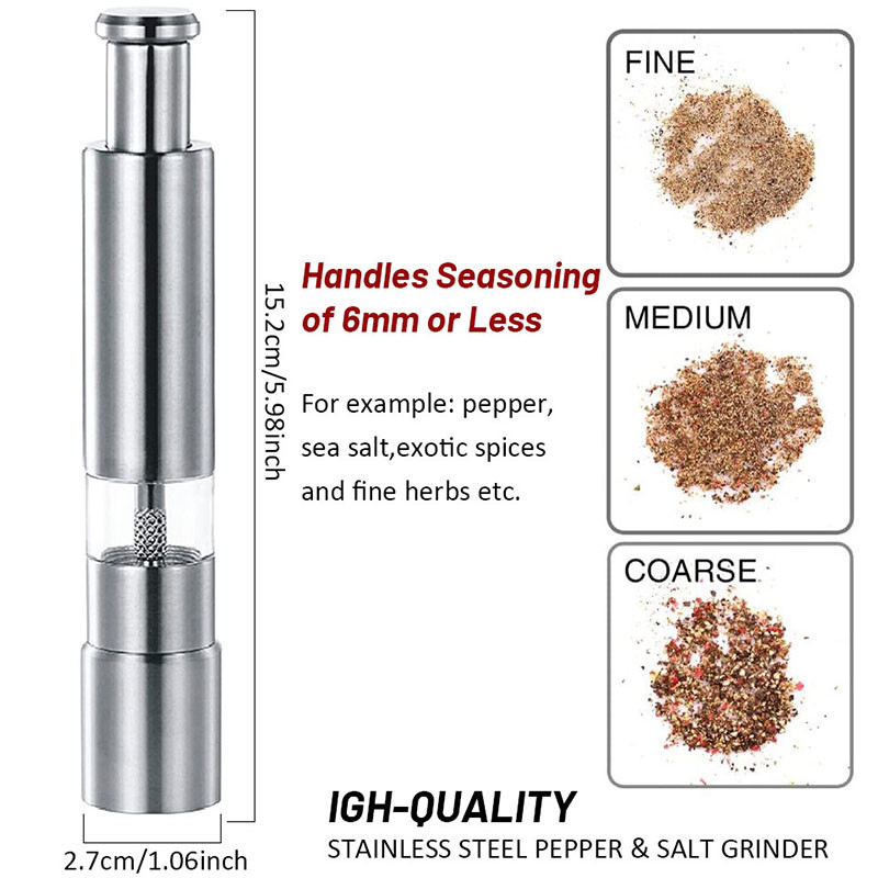 TEENRA râșniță de piper cu împingere cu degetul mare Moara de sare și piper din oțel inoxidabil Mașină de tocat sos de condimente Borcane de condimente manuale Accesorii de bucătărie