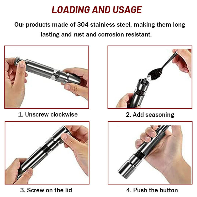TEENRA râșniță de piper cu împingere cu degetul mare Moara de sare și piper din oțel inoxidabil Mașină de tocat sos de condimente Borcane de condimente manuale Accesorii de bucătărie
