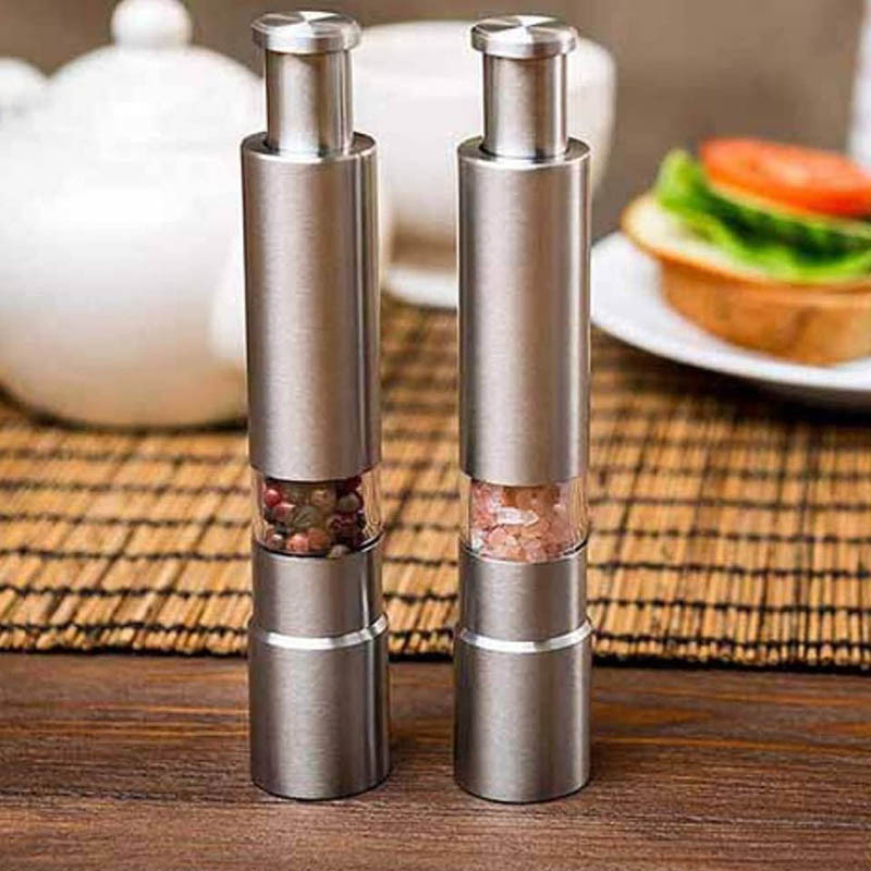 TEENRA râșniță de piper cu împingere cu degetul mare Moara de sare și piper din oțel inoxidabil Mașină de tocat sos de condimente Borcane de condimente manuale Accesorii de bucătărie