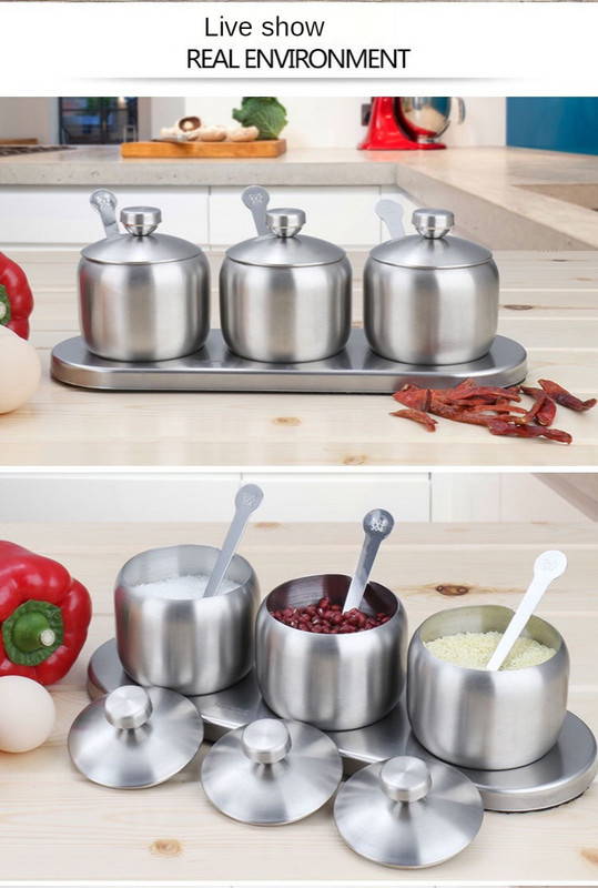 Set borcan de condimente 304 din oțel inoxidabil 304 sticle de condimente de bucătărie Borcan cu capac și lingură pentru condimente Sticla de condimente pentru piper