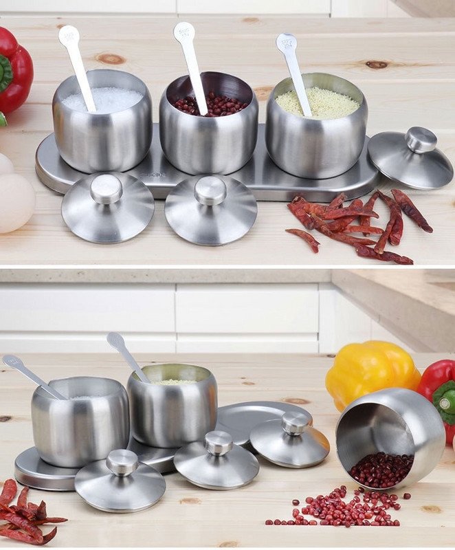 Set borcan de condimente 304 din oțel inoxidabil 304 sticle de condimente de bucătărie Borcan cu capac și lingură pentru condimente Sticla de condimente pentru piper