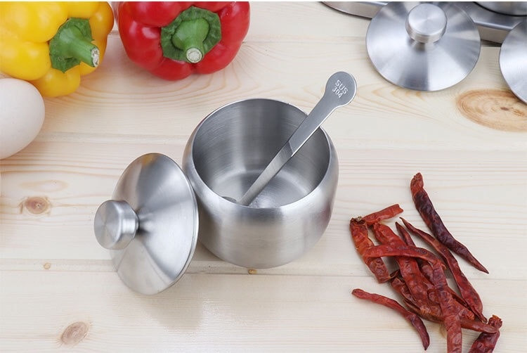 Set borcan de condimente 304 din oțel inoxidabil 304 sticle de condimente de bucătărie Borcan cu capac și lingură pentru condimente Sticla de condimente pentru piper