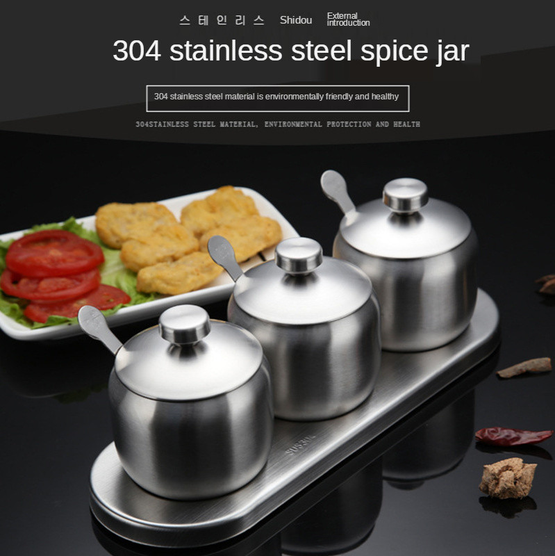 Set borcan de condimente 304 din oțel inoxidabil 304 sticle de condimente de bucătărie Borcan cu capac și lingură pentru condimente Sticla de condimente pentru piper