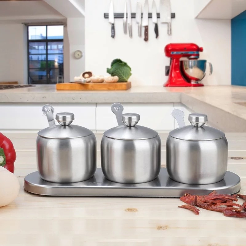 Set borcan de condimente 304 din oțel inoxidabil 304 sticle de condimente de bucătărie Borcan cu capac și lingură pentru condimente Sticla de condimente pentru piper