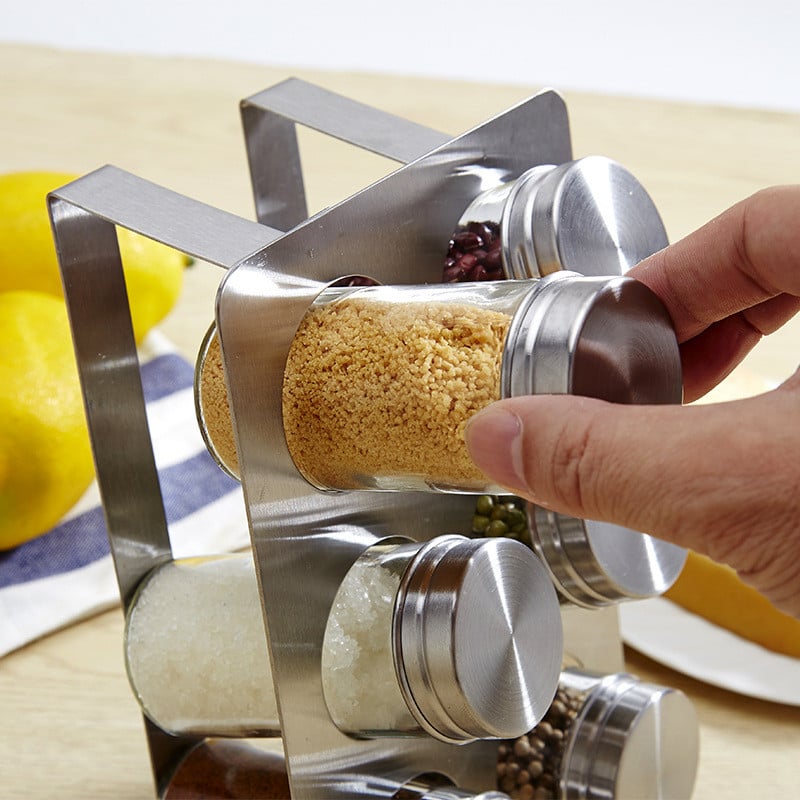 6 stiklainių prieskonių lentynėlė nerūdijančio plieno prieskonių stovo laikiklis pagardų druskos pipirų karuselė prieskonių indeliai stiklinis laikymo indas