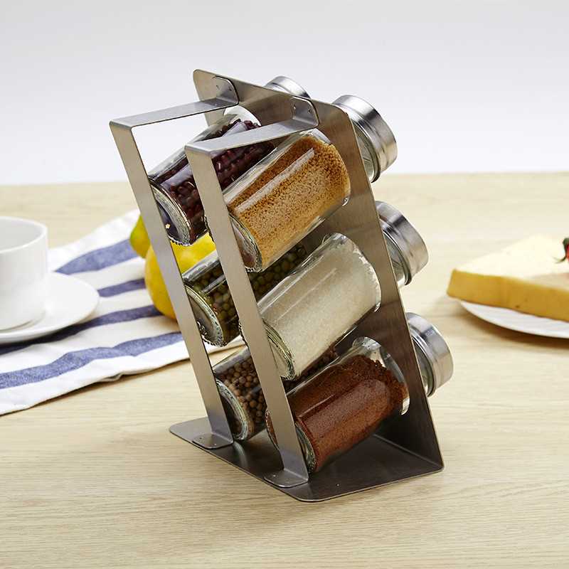 6 stiklainių prieskonių lentynėlė nerūdijančio plieno prieskonių stovo laikiklis pagardų druskos pipirų karuselė prieskonių indeliai stiklinis laikymo indas
