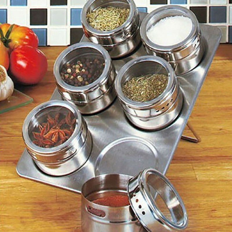 Rozsdamentes acél fűszeres üveg Mágneses fűszer tégelyek Só Cukor Bors Fűszeres Palacktartó Doboz Konyhai Tároló Szervező