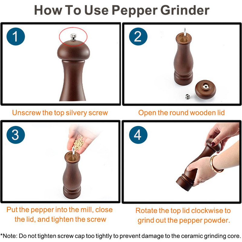 Moara de sare si piper, moara de piper din lemn masiv cu rasnita ceramica reglabila puternica 5" 8" - Ustensile de bucatarie Moara de piper din lemn